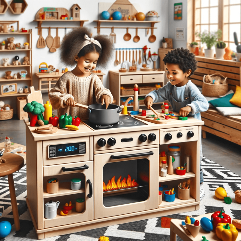 Enfant heureux jouant avec une cuisine en bois