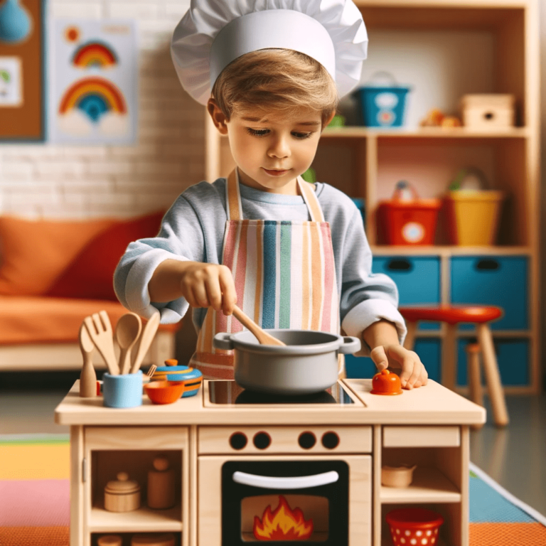 Garçon jouant à cuisiner avec cuisine jouet en bois.
