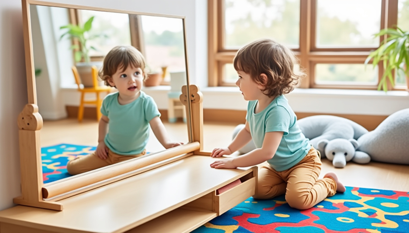 découvrez le miroir montessori avec barre, un accessoire indispensable pour stimuler le développement cognitif et sensoriel de votre enfant. offrez-lui un espace d'apprentissage ludique et autonome, favorisant l'exploration et la confiance en soi.