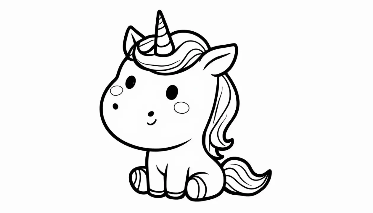 Coloriage d’une licorne chibi, miniature avec grosse tête, à colorier sur fond blanc