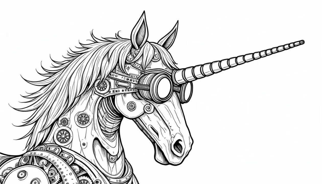 Coloriage de licorne style steampunk, avec engrenages et éléments mécaniques, fond blanc