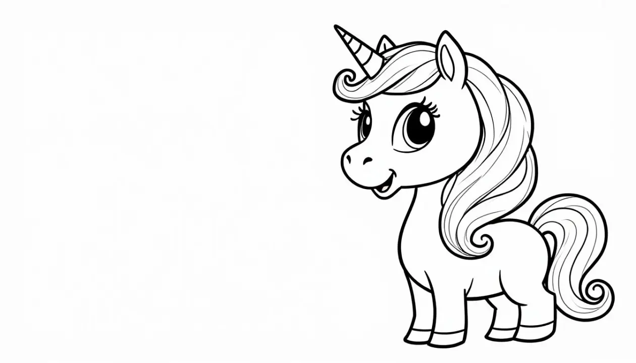 Dessin de licorne cartoon à colorier, inspiré Disney, avec pose joyeuse, fond blanc