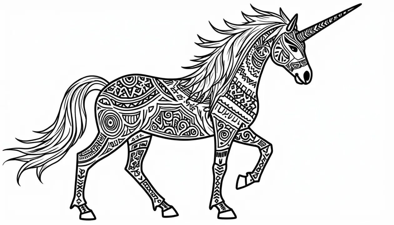 découvrez notre dessin de licorne tribal à colorier, riche en motifs ethniques et originaux. laissez libre cours à votre créativité et plongez dans un univers magique en ajoutant vos couleurs à cette œuvre unique. idéal pour les amateurs d'art et de coloriage souhaitant explorer des designs captivants.